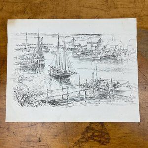 Vtg Jas F. Murray Boats Harbor Docks Lithograph Print 12.5" x 10" Signed